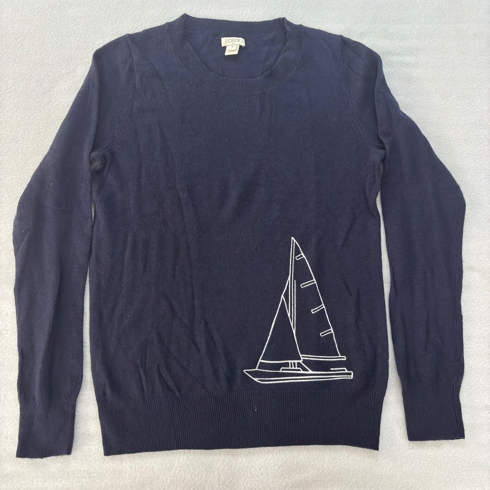 J.Crew Navy Blue Sailboat Merino Wool Blend Crewneck Sweater B3789 Womens Small